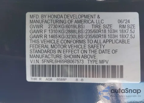 2024 Honda Odyssey Ex-L from USA, damaged, VIN 5FNRL6H65RB067573